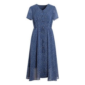 Women Long Dress 100%Real Silk Crepe Casual Dots Printed Dresses V neck Holiday Dress 2019 New Summer Blue